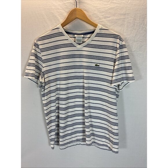 Lacoste T-Shirt size 5 Men L Striped Regular‎ Fit Crew Neck Cotton Blue - Picture 1 of 7